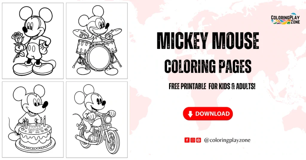 Free printable Mickey Mouse coloring pages featuring fun and easy designs for kids and adults to enjoy.